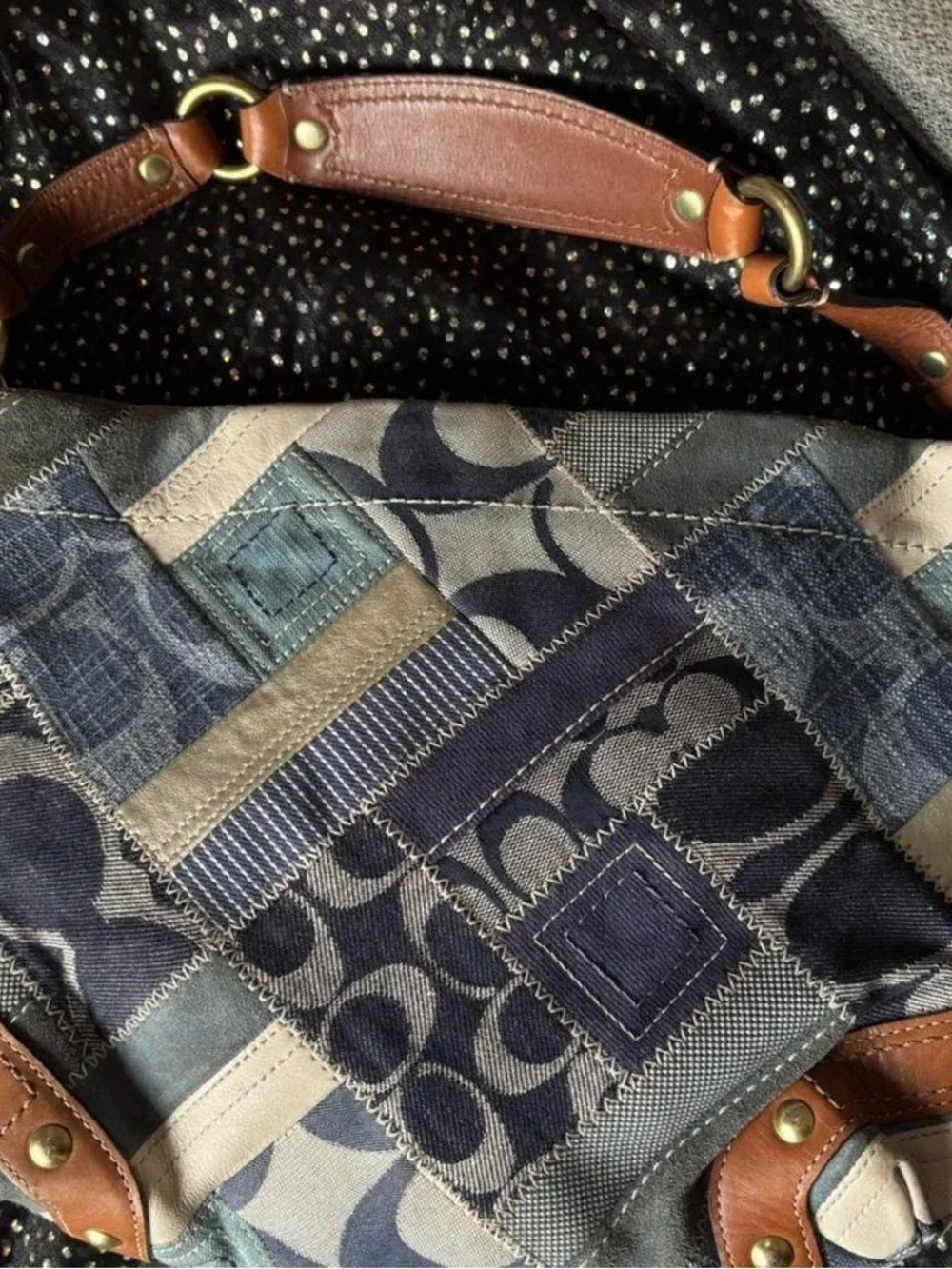 Coach Patchwork Shoulder Bag in Navy, Cream & Brown